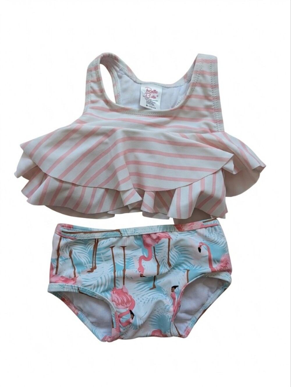 Ruffle Butts Two-Piece Kids Swimsuit in Pink Stripe & Flamingo Print 6-12 Months